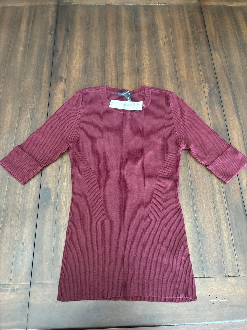 White House Black Market Burgundy Ribbed Midi Top with Elbow Sleeves